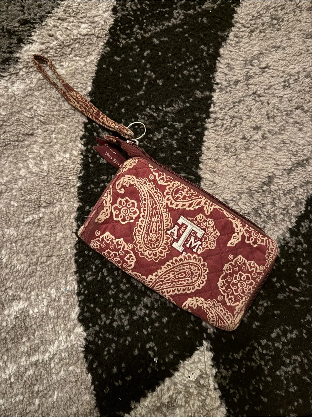 Vera Bradley Burgundy and Cream Paisley Quilted Wristlet with TM Logo